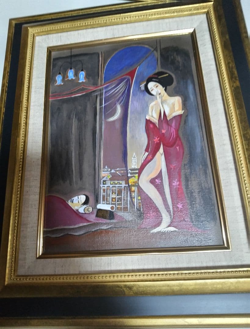 斎藤真一、絵画、油彩４号、蚊帳の月、高級額縁、肉筆、片岡球子、鴨居玲。