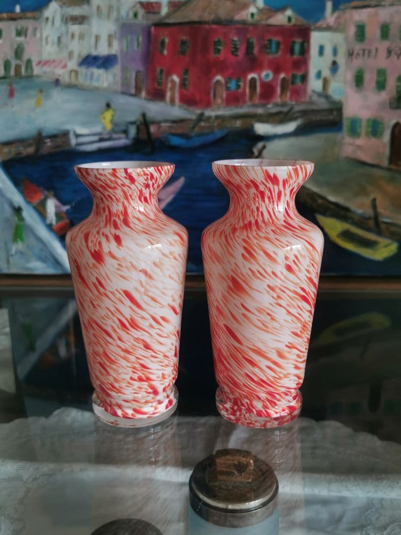 アンティーク ヴェネチアンガラス ブラッドオレンジ＆ホワイト 工房物ペアベース