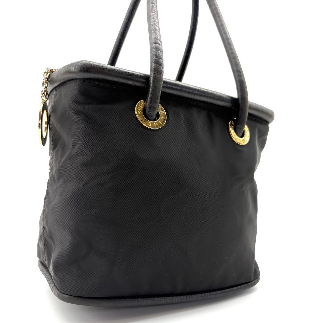 CELINE　ハンドバック　黒　ナイロン　サークル金具　スクエア　レザー