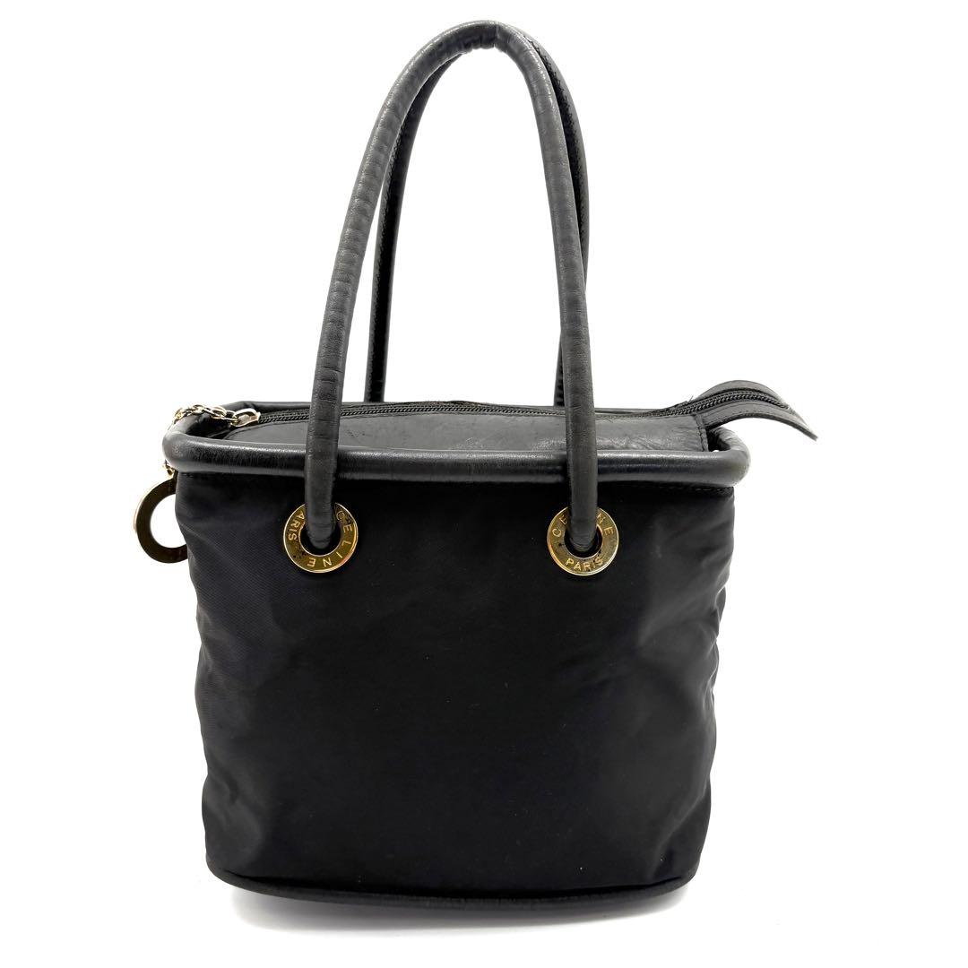 CELINE　ハンドバック　黒　ナイロン　サークル金具　スクエア　レザー