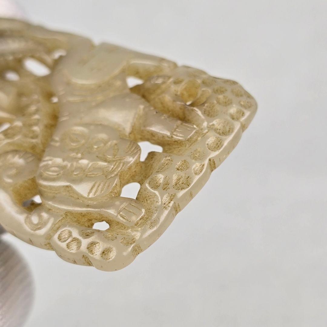 貴重品 本物和田白玉 土沁 明代 透彫り☆福禄双全☆虎鹿紋☆玉佩 根付 縁起物