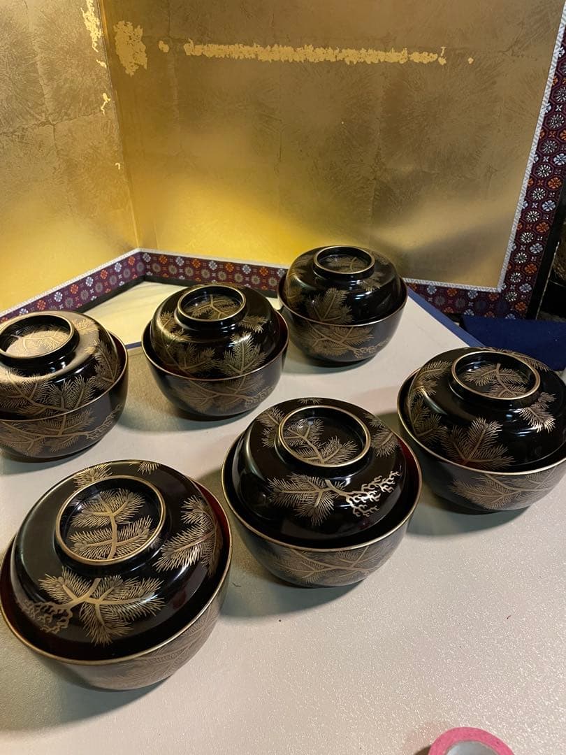 美品　輪島塗 寿松沈金 煮物椀 6客 雑煮椀/大椀/平椀/麺椀/丼椀 漆器