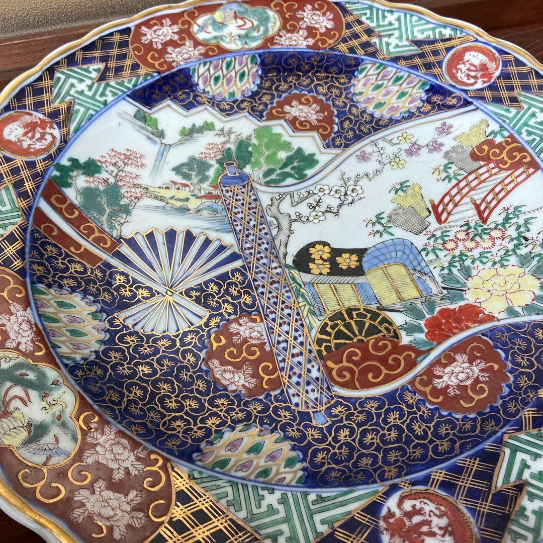 有田焼色絵扇面巻物の図大皿ニ枚