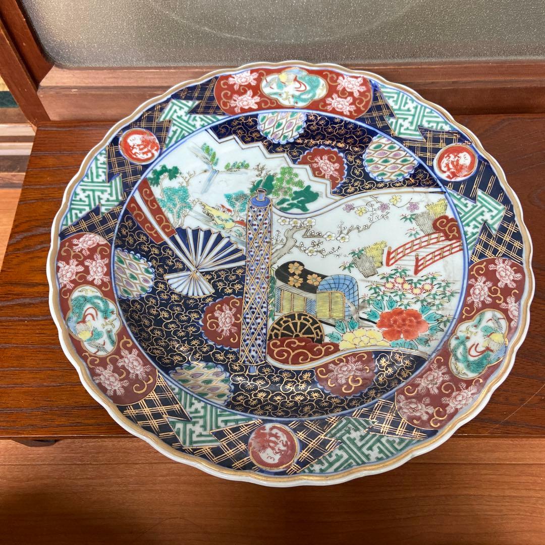 有田焼色絵扇面巻物の図大皿ニ枚