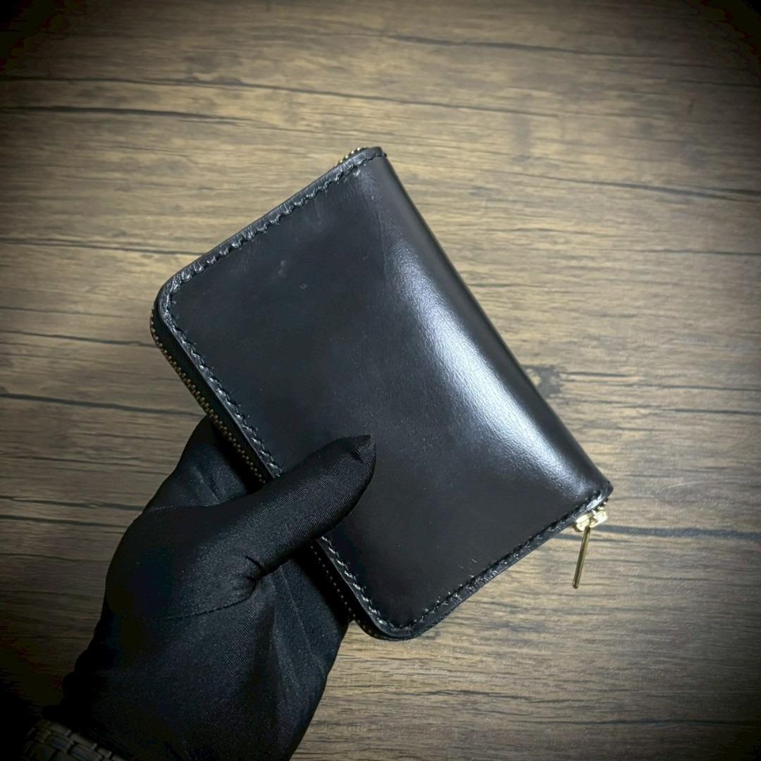 総手縫い ラウンドジップ ミドルウォレット 本革 牛革 ブラック 黒