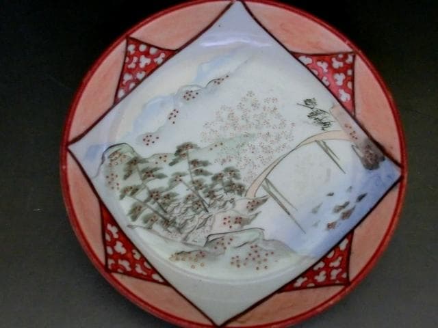 小皿■古九谷焼き 赤絵 19枚 窓絵 山水 松 梅(江戸後期～明治期) 時代物■