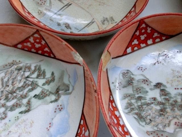 小皿■古九谷焼き 赤絵 19枚 窓絵 山水 松 梅(江戸後期～明治期) 時代物■