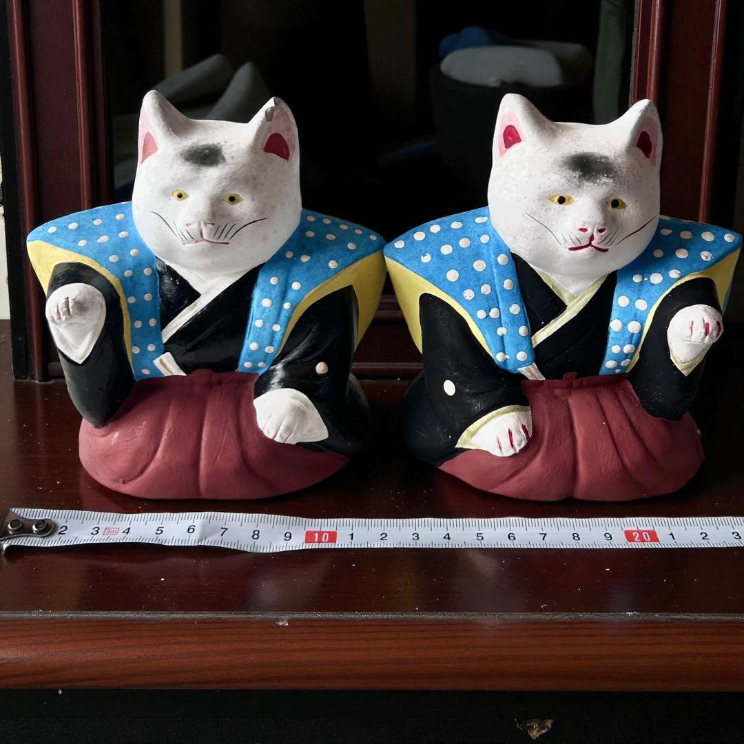 古玩 大阪府 郷土玩具 住吉大社 初辰猫 土人形 中猫×2 一対 縁起物 招き猫