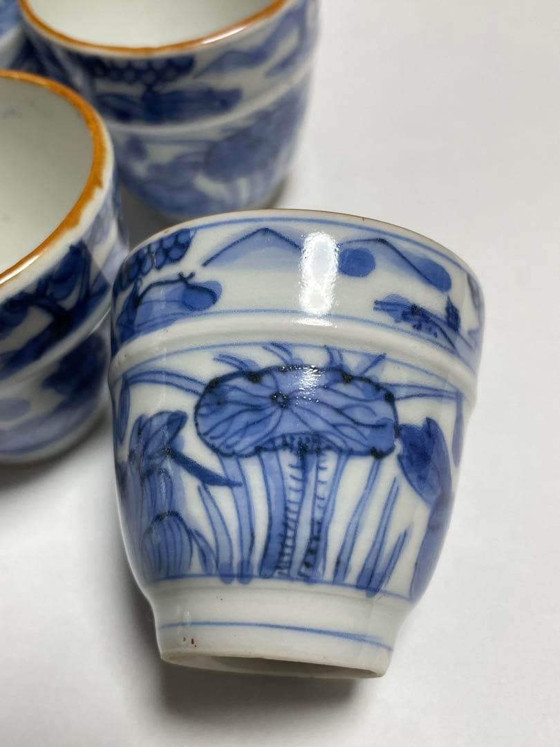 染付帯巻煎茶碗5客揃　骨董