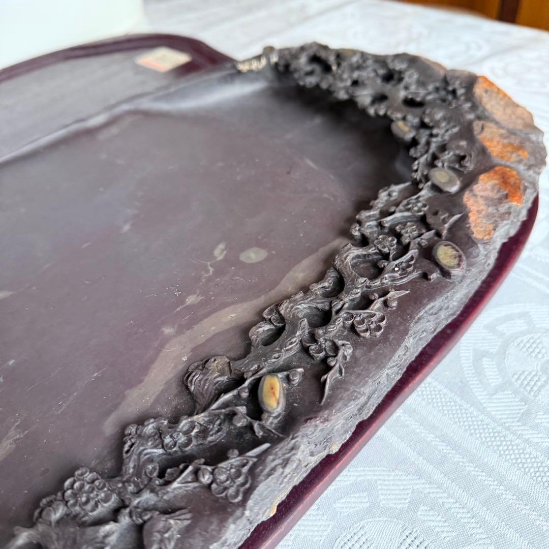 超限定出品18日20時‼️端渓硯大硯　鳥梅陽刻天然眼中國美術唐木台と蓋証明書付①