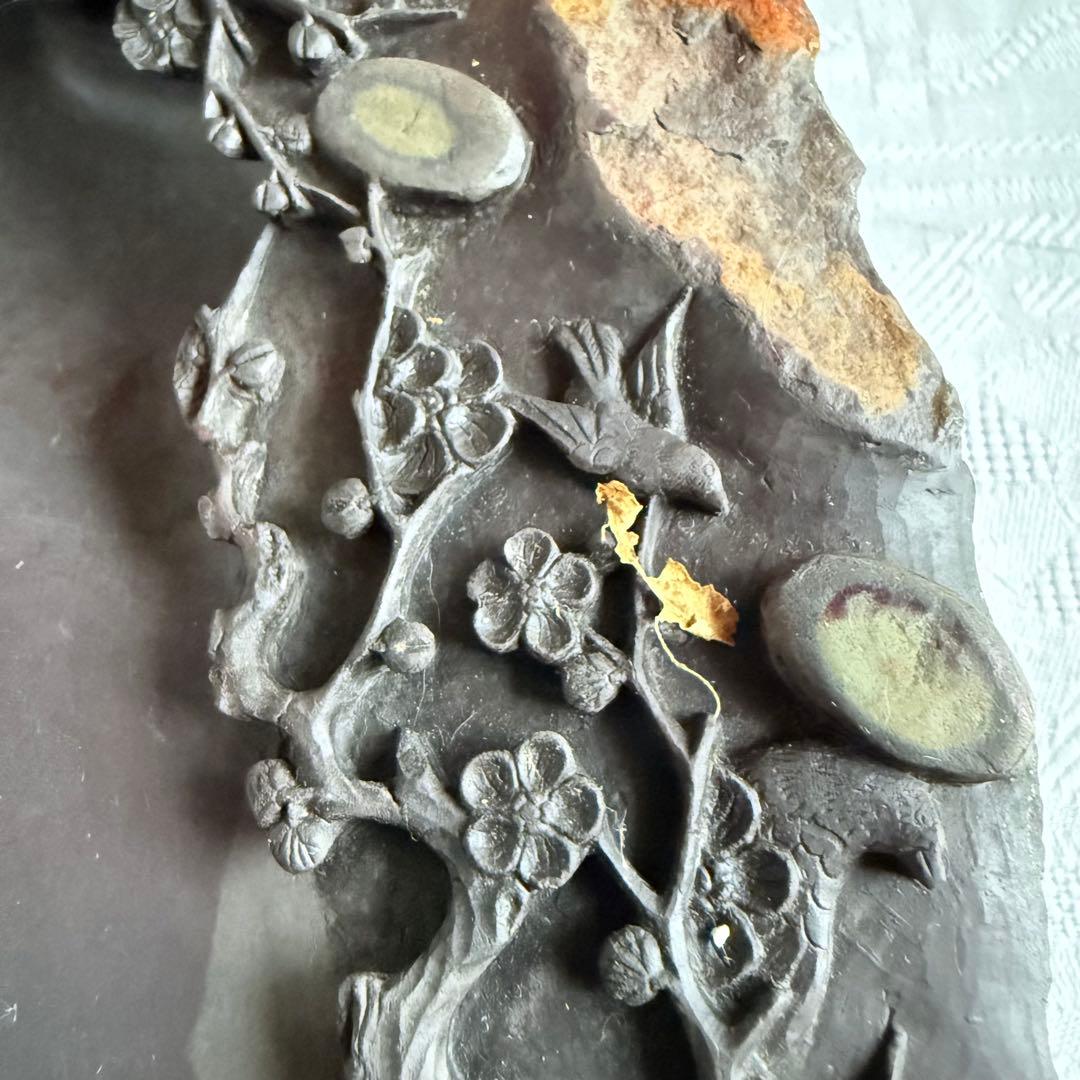 超限定出品18日20時‼️端渓硯大硯　鳥梅陽刻天然眼中國美術唐木台と蓋証明書付①