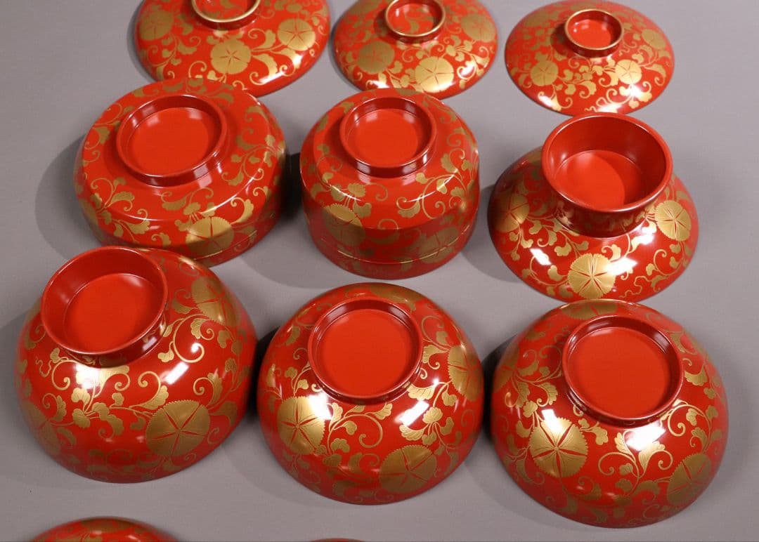 CL83 時代 花唐草金蒔絵 朱塗御膳セット 木製漆器 各種椀 引盃 高月