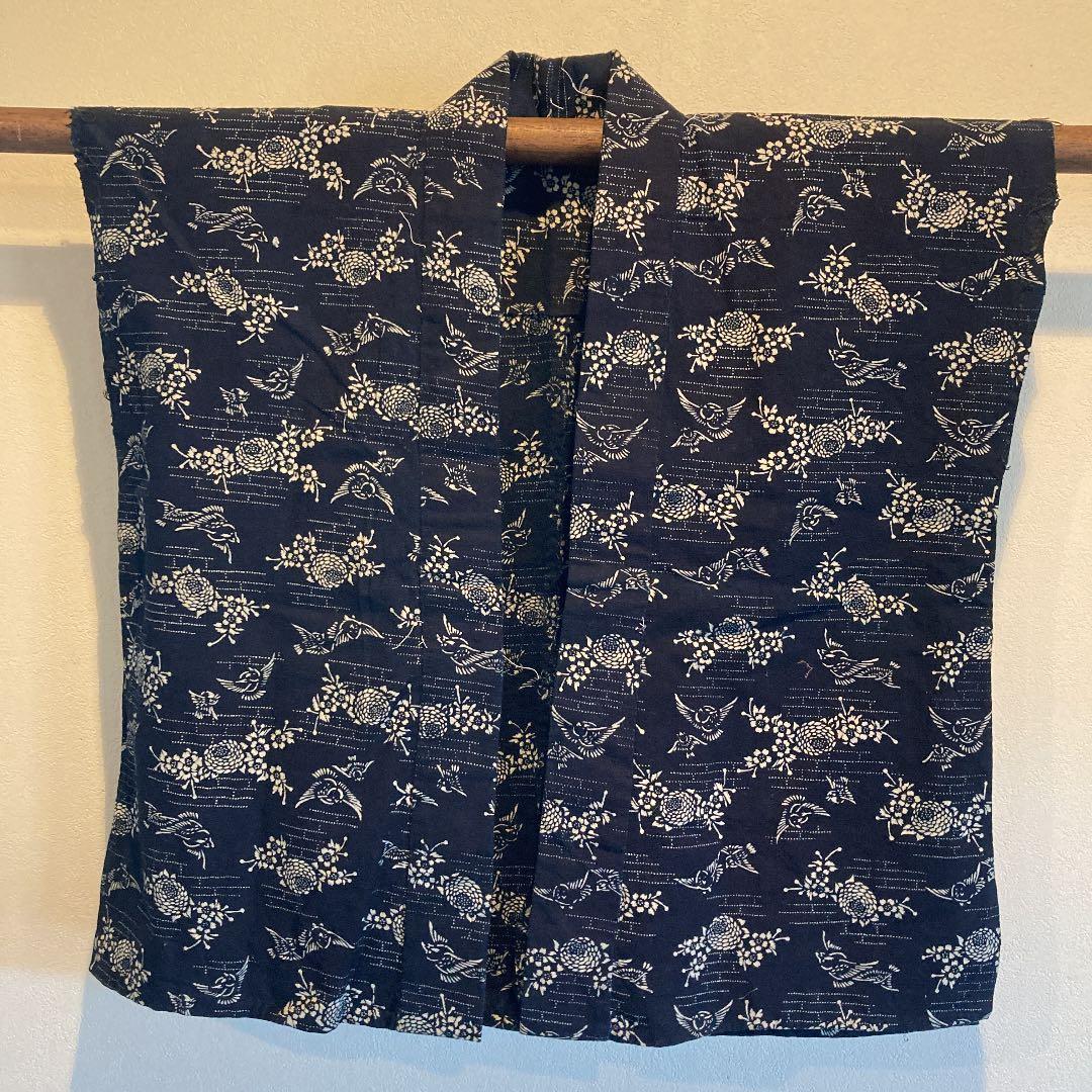 古布　両面染め　型染　藍染　半襦袢　袖無し　雀