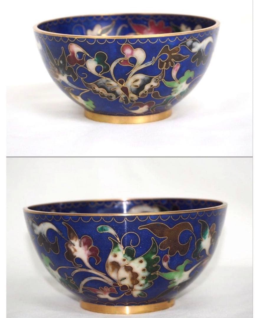 送料無料　珍しい銅胎有線七宝碗（景泰藍）両面加工★希少★