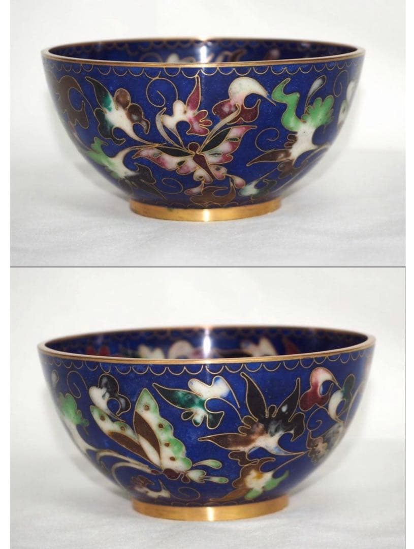 送料無料　珍しい銅胎有線七宝碗（景泰藍）両面加工★希少★