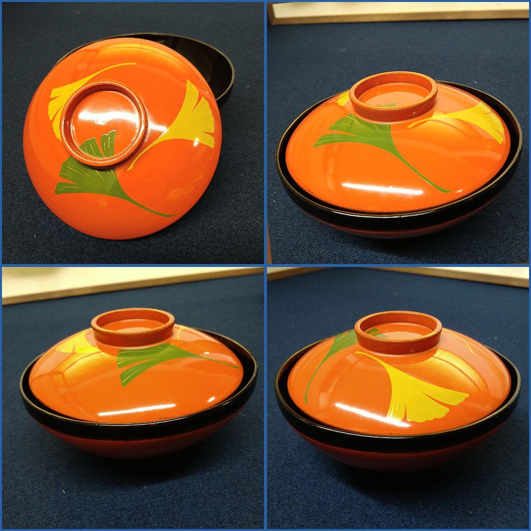 AG75 輪島塗 吸物椀 漆絵 銀杏図 蓋付吸物椀 木製漆塗 六客 お椀