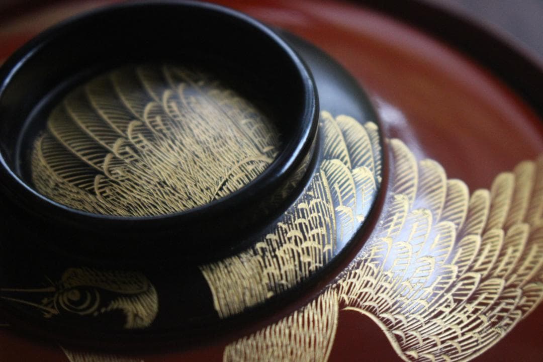 時代逸品！時代日の出塗に極上鶴沈金の映えるお椀2点（検輪島塗雑煮椀