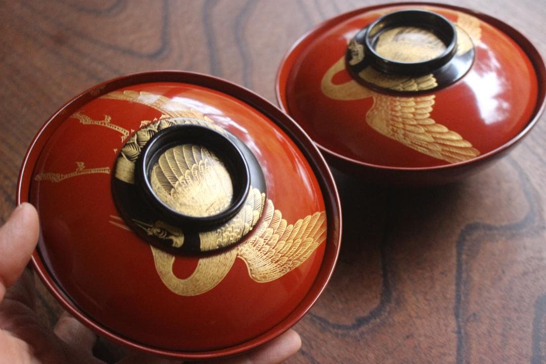 時代逸品！時代日の出塗に極上鶴沈金の映えるお椀2点（検輪島塗雑煮椀
