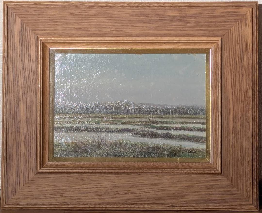 【真作】絵画　平賀正勝　油彩SM　梅雨の頃　静謐な水田風景　自然描写　Y99