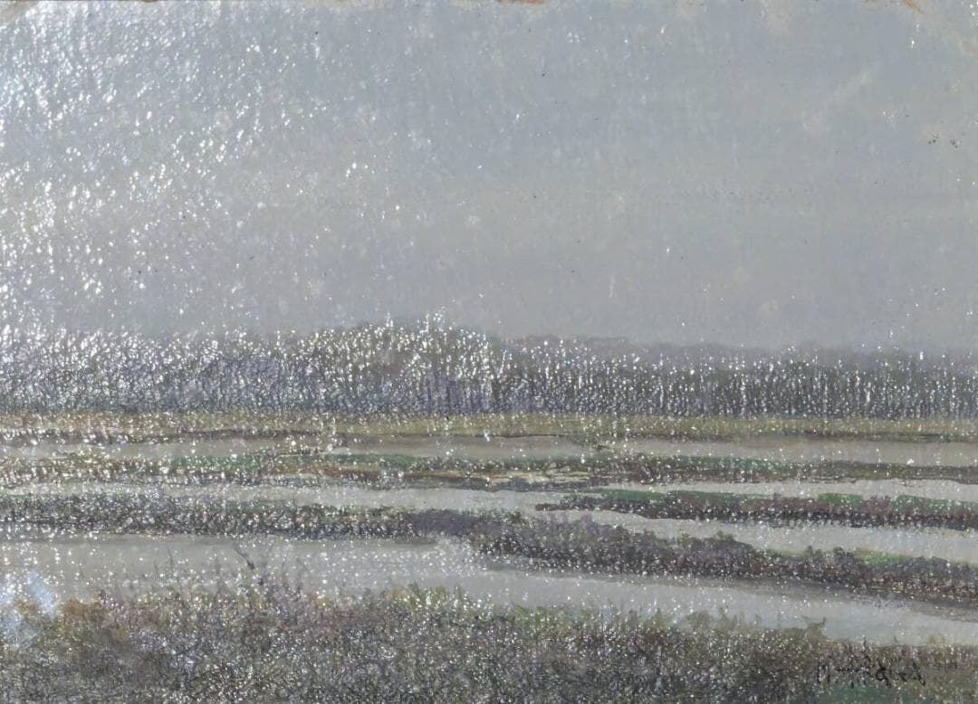 【真作】絵画　平賀正勝　油彩SM　梅雨の頃　静謐な水田風景　自然描写　Y99