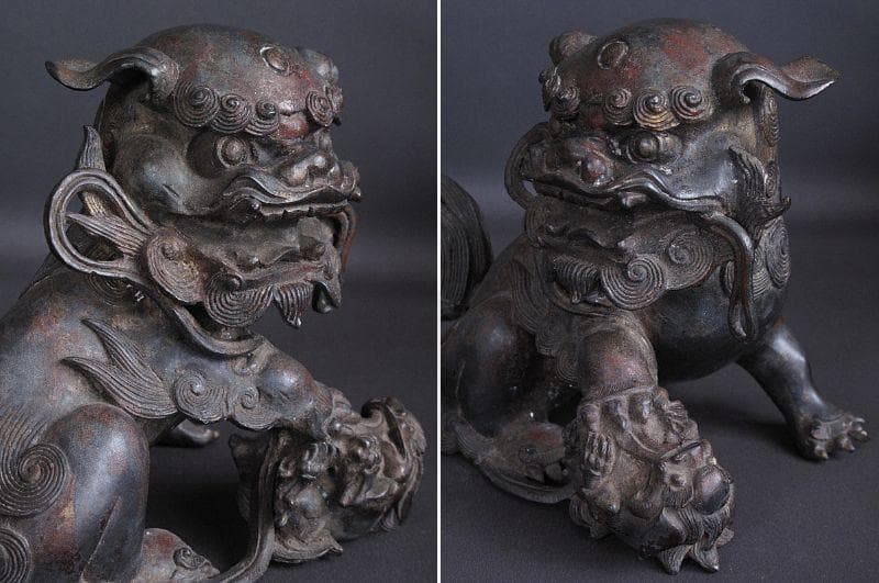 最終値下げ‼️ 金工細工『古銅 親子獅子置物』明治期　高18㎝/ 3.45㎏