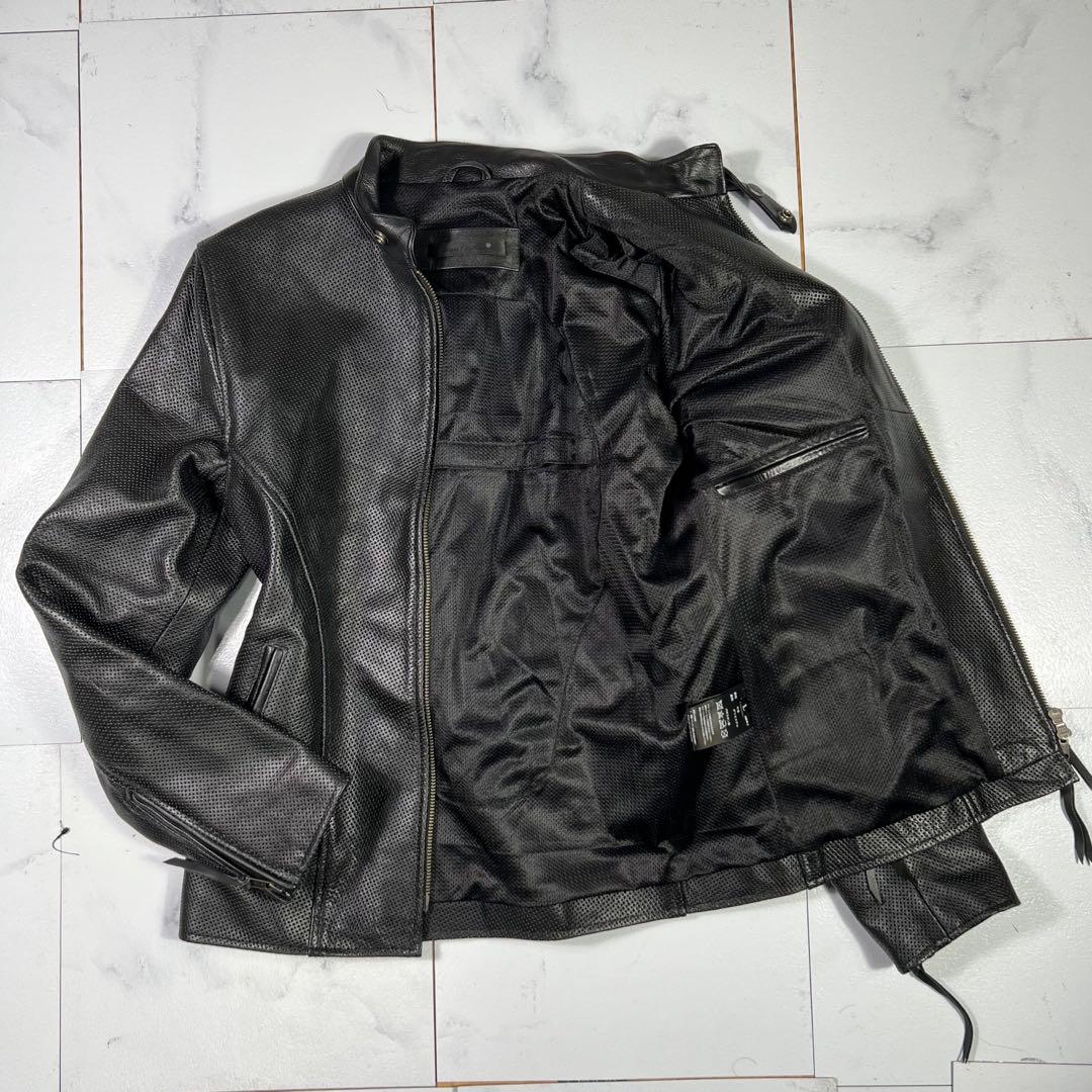極美品 リューグーレザーズ ブラックパンチングレザー ライダースジャケット Ｌ