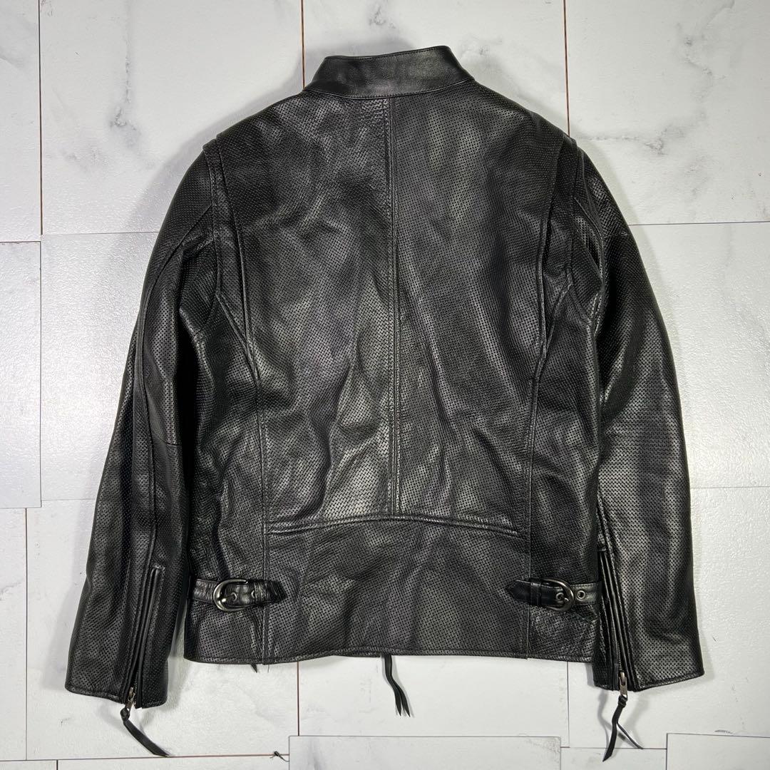 極美品 リューグーレザーズ ブラックパンチングレザー ライダースジャケット Ｌ