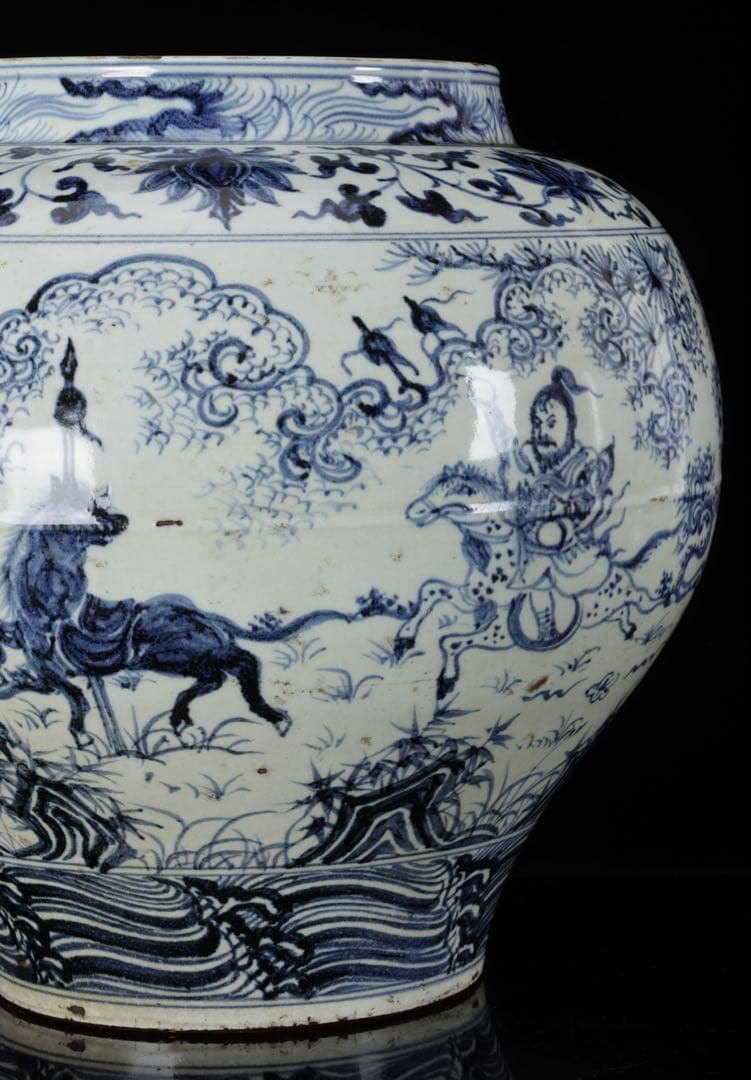 中国古玩 青花 染付 人物騎馬図 大壺30㎝ 飾壺 唐物 時代物 古美術 骨董品