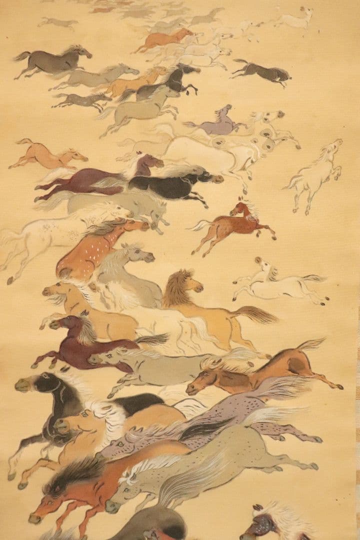 孤高の日本画家　妹尾天然　肉筆「百馬図」絹本　共箱　掛軸