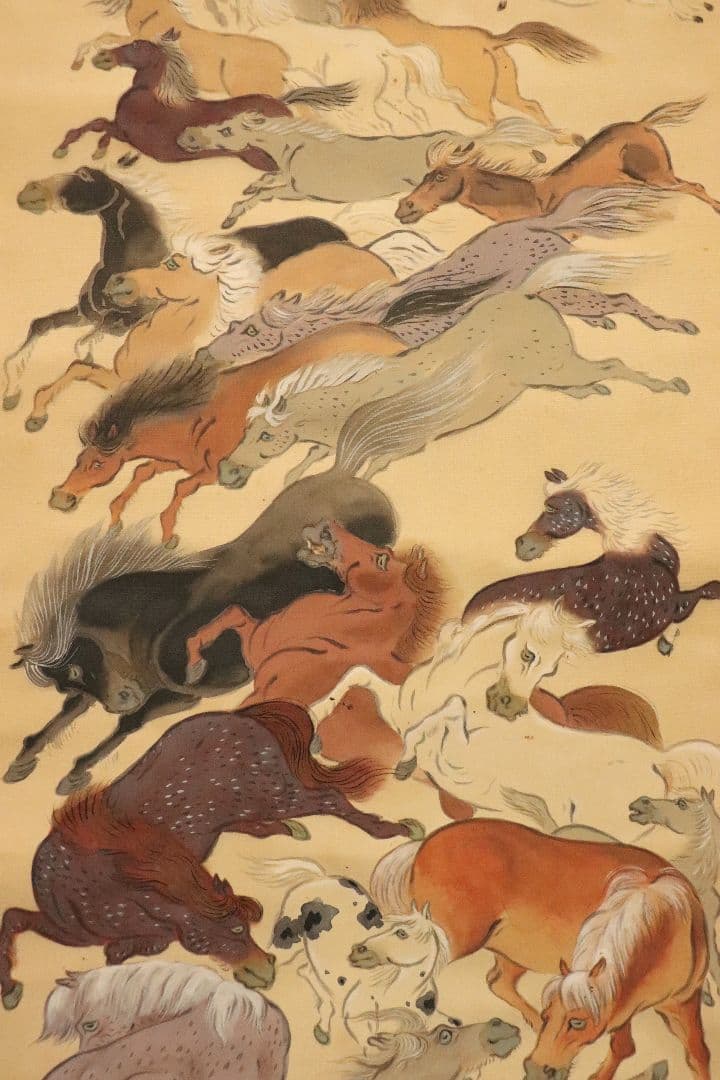 孤高の日本画家　妹尾天然　肉筆「百馬図」絹本　共箱　掛軸