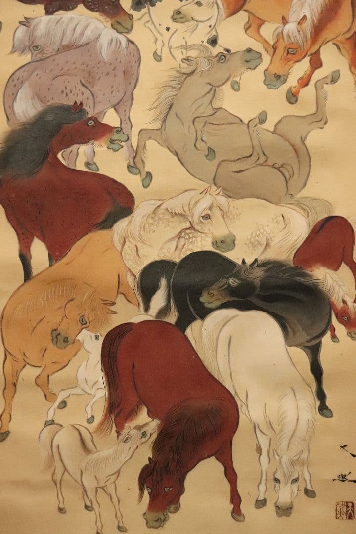 孤高の日本画家　妹尾天然　肉筆「百馬図」絹本　共箱　掛軸