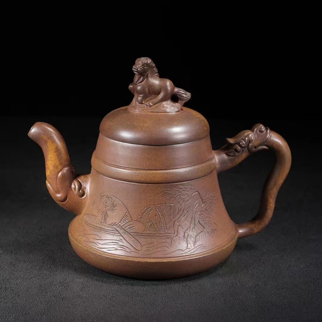 中国古美術・宜興原鉱底槽清泥紫砂壺 龍馬精神・紫砂壺・底款:朱可心紋・朱泥・急須