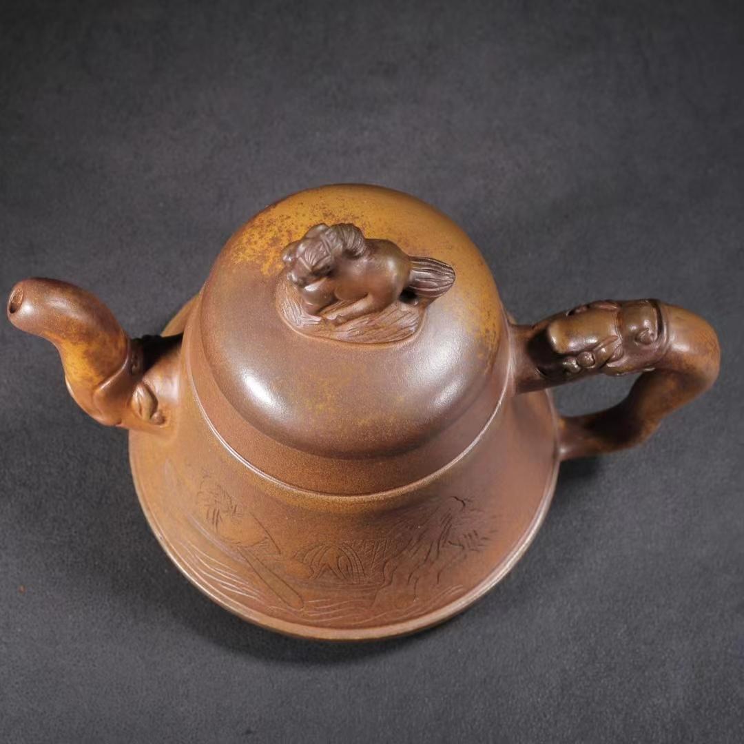 中国古美術・宜興原鉱底槽清泥紫砂壺 龍馬精神・紫砂壺・底款:朱可心紋・朱泥・急須