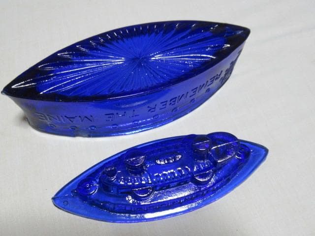 極希少（青色）美品 大正時代◆アメリカ海軍 戦艦 メイン号 ガラス 小物入れ