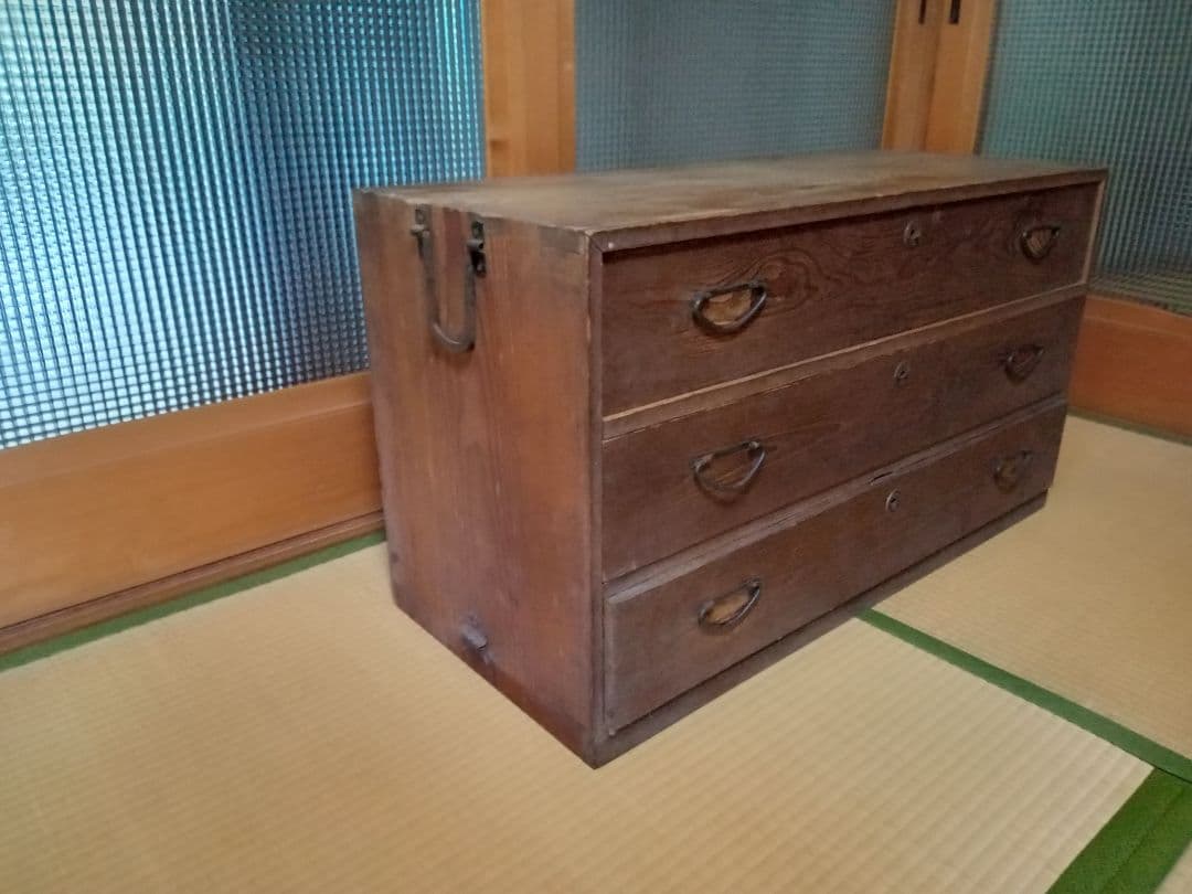 昭和レトロ　当時物　木製タンス 3段 引き出し付き　ヴィンテージ