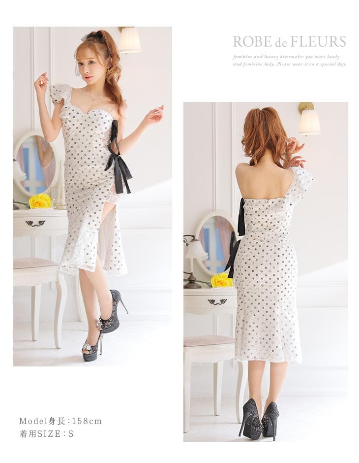 【人気商品♡】ROBE de FLEURS ドット リボンフリルワンショルドレス