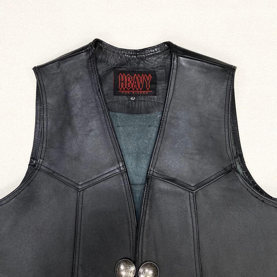極美品✨ HEAVY レザー バイカー ベスト 42 コンチョ ブラック