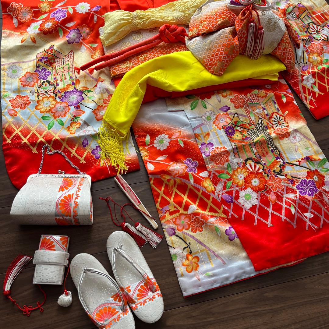 M　アンティーク　七五三　7歳　フルセット　オレンジ　朱色