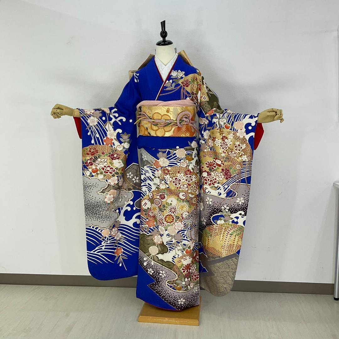 イナコ　お振袖フルセット　7点セット　青　雲取波に檜扇　正絹　美品