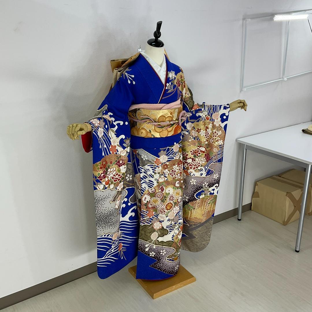 イナコ　お振袖フルセット　7点セット　青　雲取波に檜扇　正絹　美品