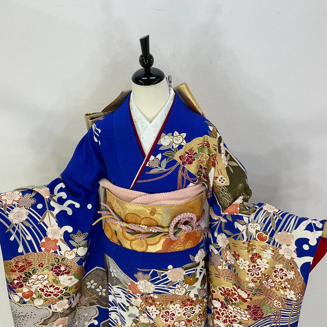 イナコ　お振袖フルセット　7点セット　青　雲取波に檜扇　正絹　美品