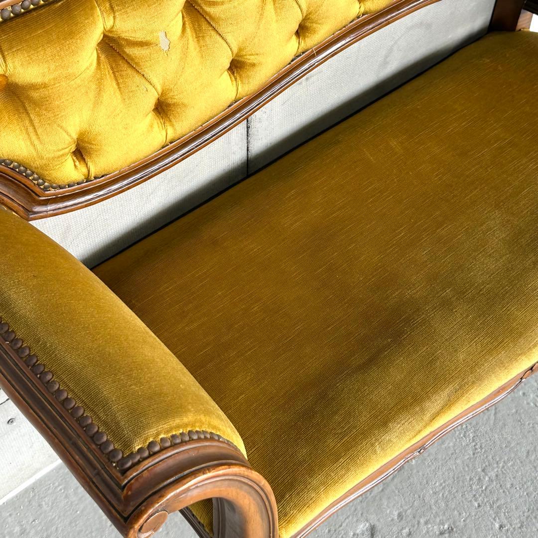 ✦80s✦ アンティークソファ カウチ ベルベット ゴールド 彫刻 ヴィンテージ