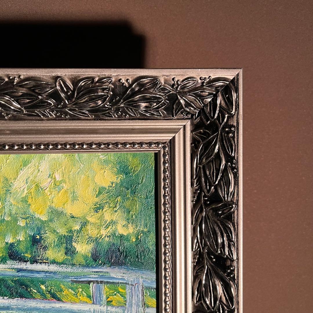 手書き油絵 モネ 睡蓮の池 日本の橋 額付 絵画 インテリア 油彩画