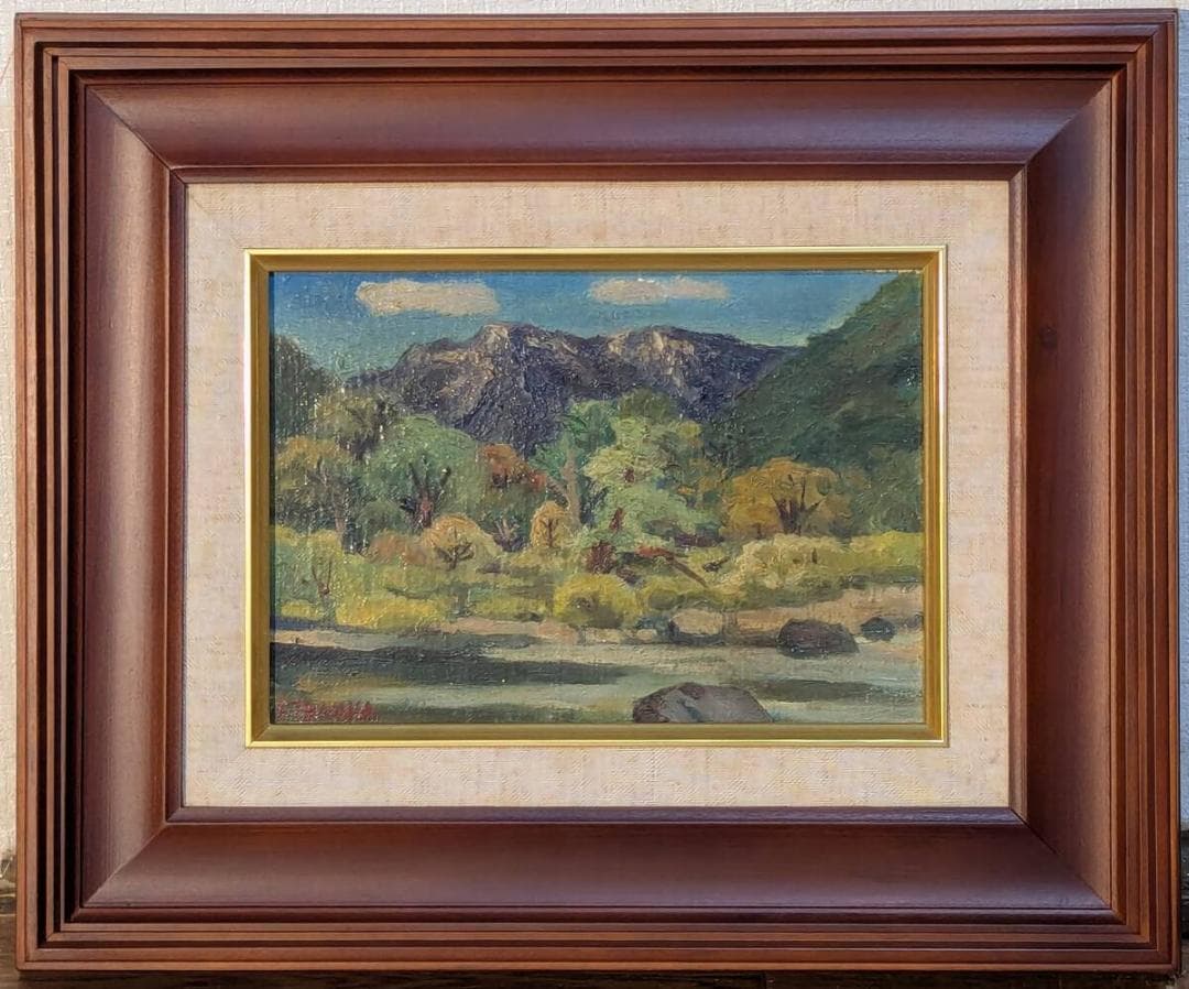 【真作】絵画　田中志郎　油彩SM　初秋　山と川の風景画　柔らかな自然美　X105