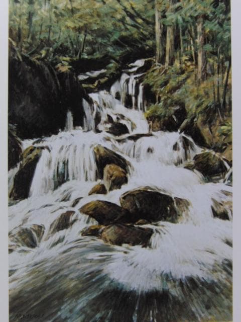 奈良岡正夫、【笛貫の滝】、希少な画集画、新品高級額・額装付