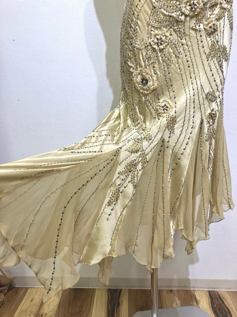 Bicici ビーズ刺繍　ロングドレス　シルク100% サイズS 花柄刺繍