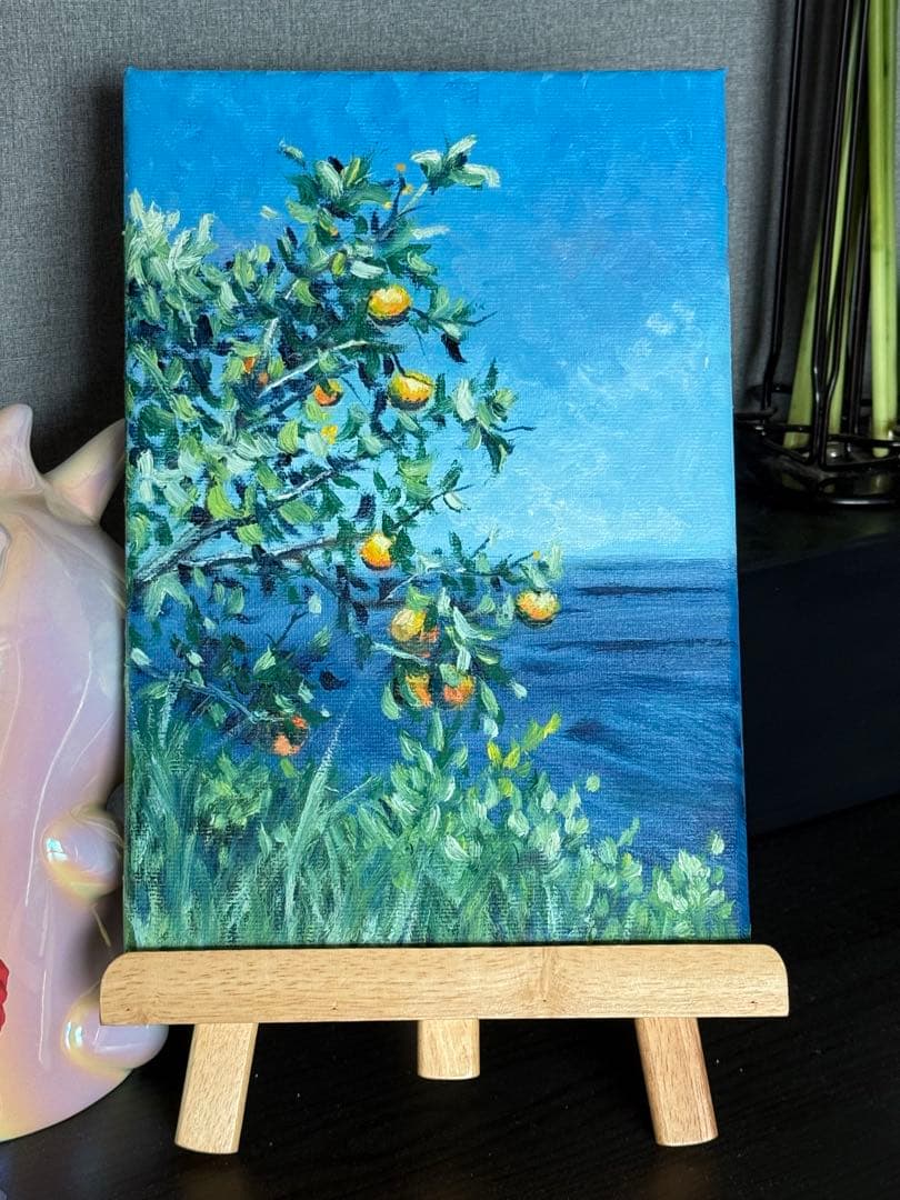 「海辺の蜜柑」　手描き　油絵　風景画　原画　油彩画
