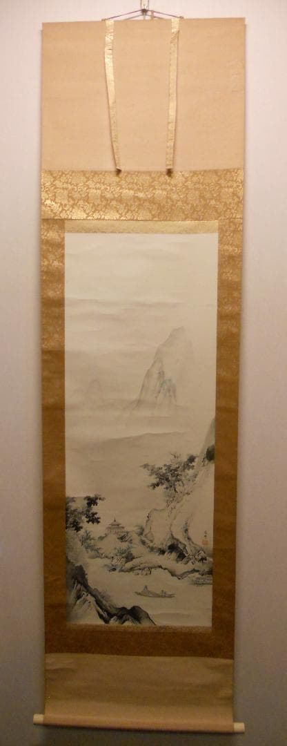 掛け軸 橋本雅邦 江亭帰隠之図 紙本 名品 複製 希少 軸装 茶道具 掛軸 美品