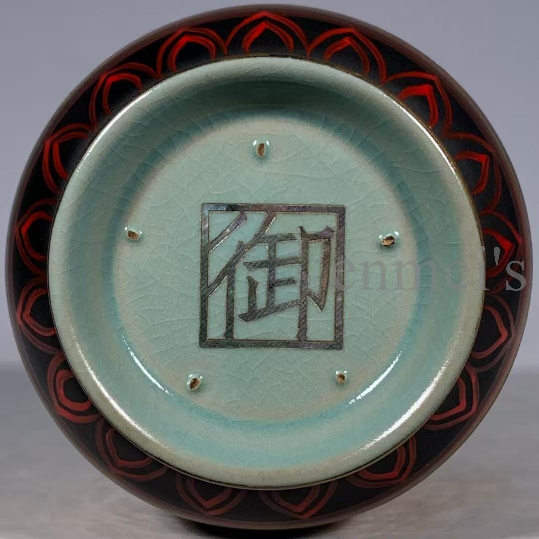 中国古美術・旧蔵宋汝窯・大漆彩繪人物對弈圖竹節瓶・彩絵・花瓶・陶磁器・文房置物