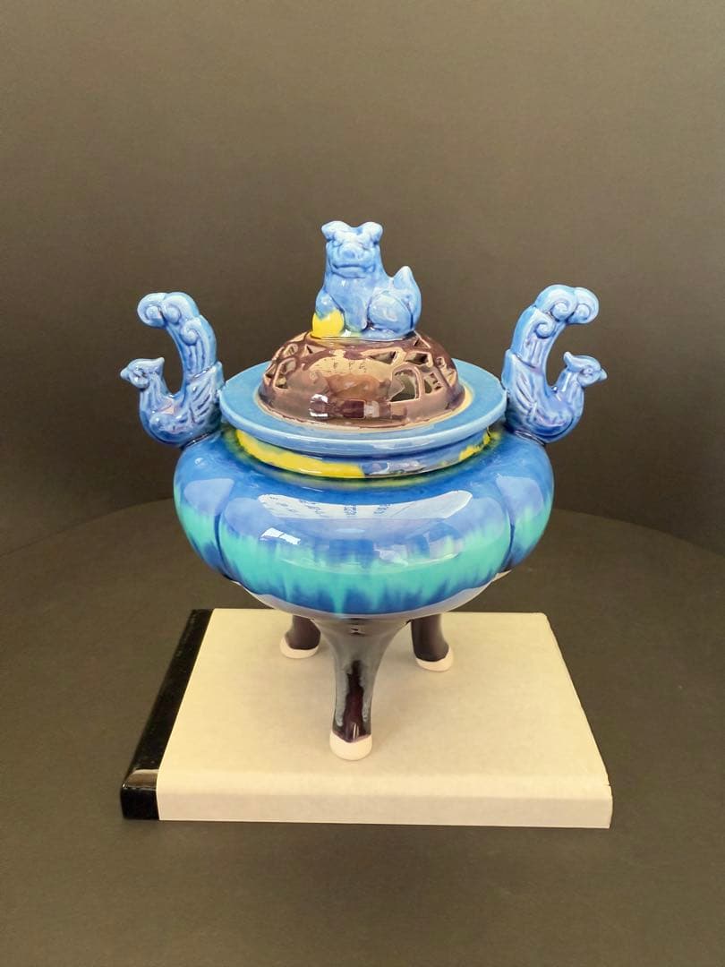 九谷焼　司峰作　獅子蓋　鳳凰耳付　香炉　送料込み